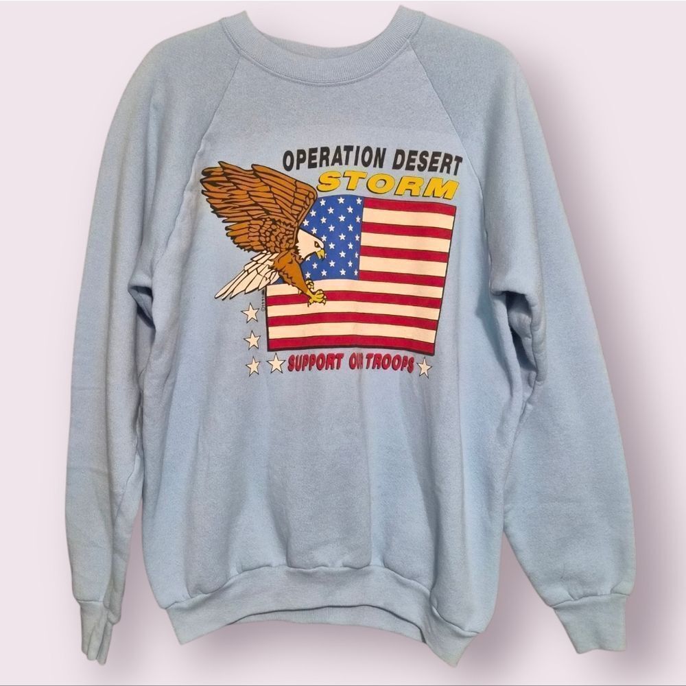 Operation Desert Storm Sweatshirt XL Powder Blue Iraq Eagle Flag Support VTG EUC